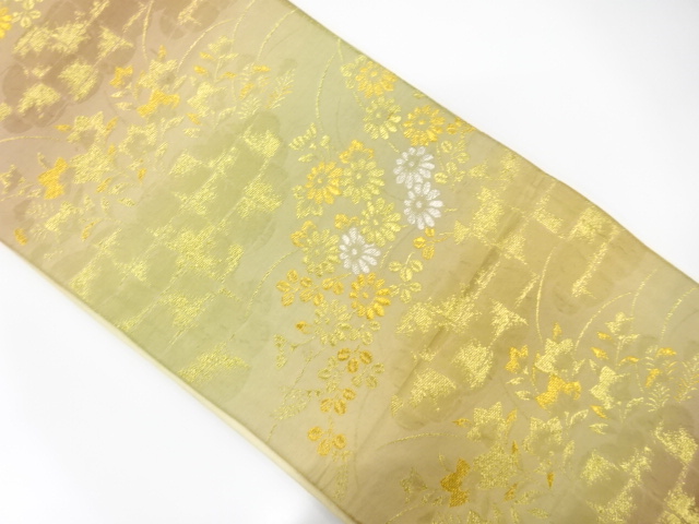 JAPANESE KIMONO / ANTIQUE FUKURO OBI / SILK / WOVEN CLOUD & FLOWERS